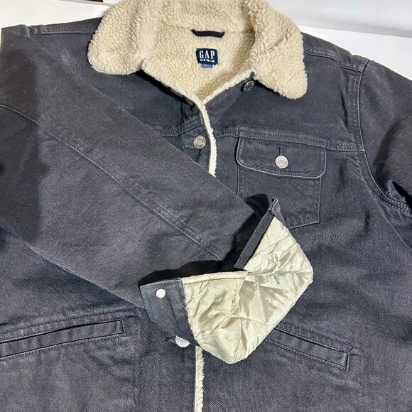 Gap Black Denim Jean Jacket Fleece Sherpa Lined Women’s XL Quilted Sleeve Unisex - Picture 7 of 9